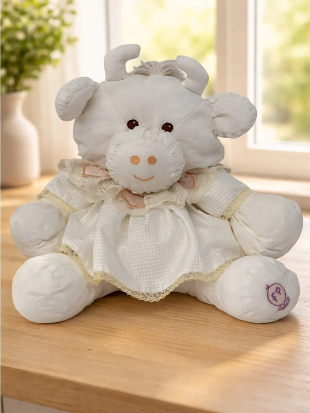 Vintage 1986 Fisher Price PUFFALUMPS White Cow with Lace Dress 15